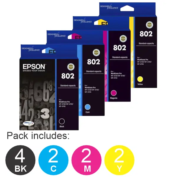 10 Pack – Epson 802 (4BK,2C,2M,2Y) Ink Cartridges