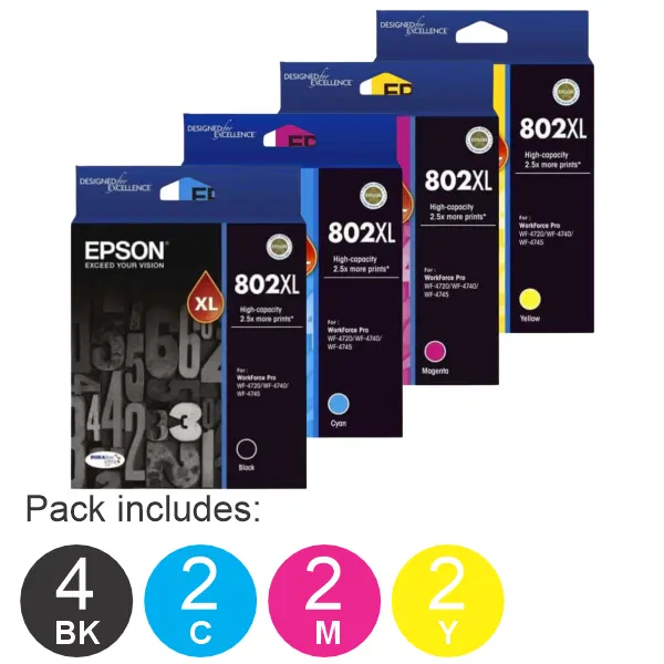 10 Pack – Epson 802XL (4BK,2C,2M,2Y) High Yield Ink Cartridges