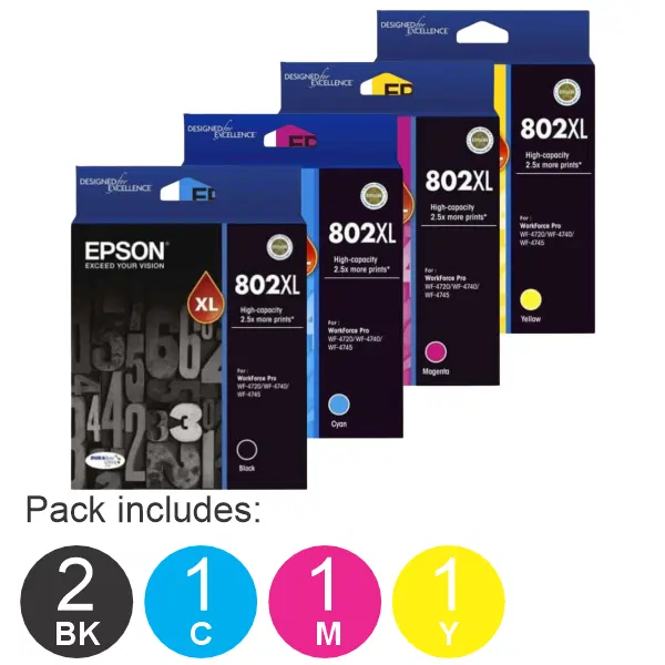 5 Pack – Epson 802XL (2BK,1C,1M,1Y) High Yield Ink Cartridges