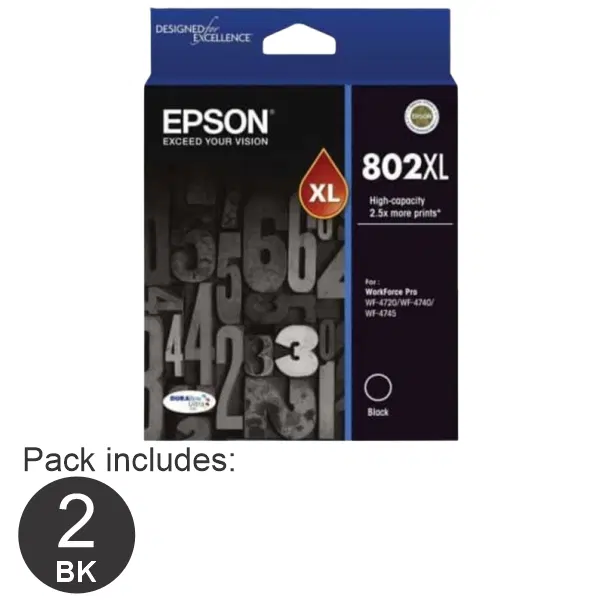 2 x Epson 802XL High Yield Black Ink Cartridge C13T356192