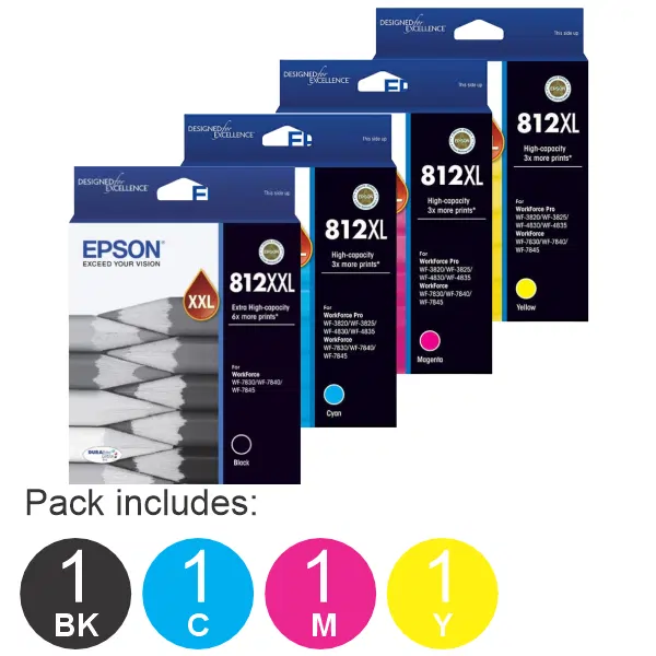 4 Pack – Epson 812XXL & 812XL C/M/Y (1BK,1C,1M,1Y) High Yield Ink Cartridges