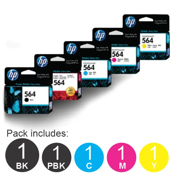 5 Pack – HP #564 (1BK,1PBK,1C,1M,1Y) Ink Cartridges