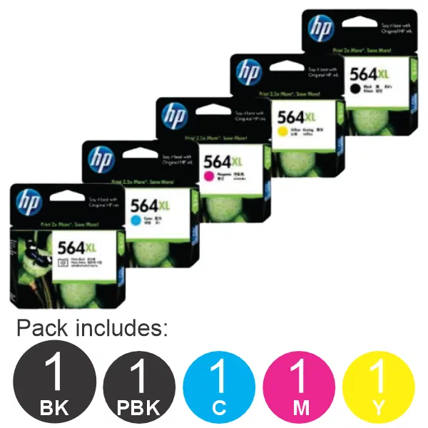 5 Pack – HP #564XL (1BK,1PBK,1C,1M,1Y) High Yield Ink Cartridges