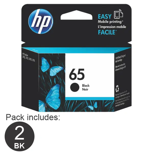 2 x HP #65 Black Ink Cartridge N9K02AA