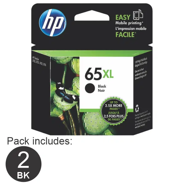 2 x HP #65XL High Yield Black Ink Cartridge N9K04AA