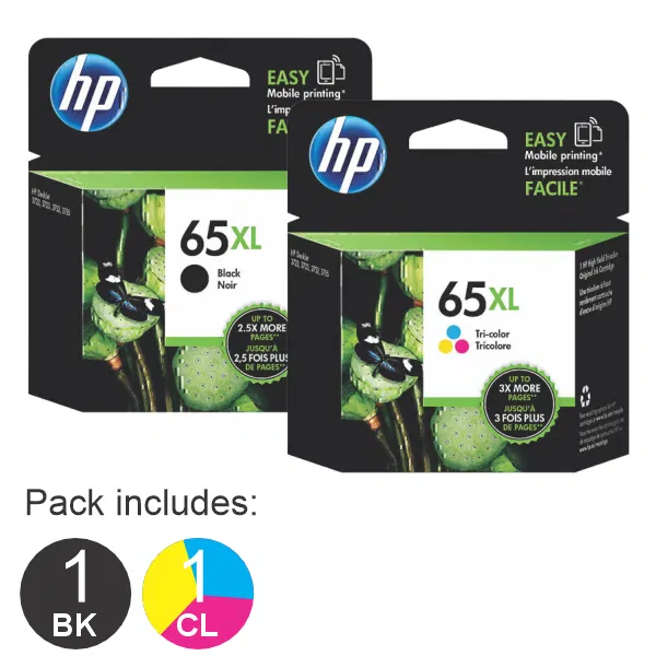 2 Pack – HP #65XL Black & HP #65XL Tri Colour (1BK,1CL) High Yield Ink Cartridges