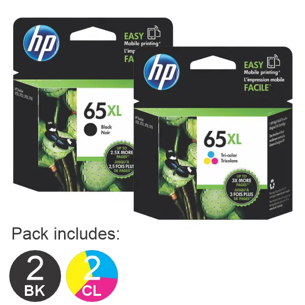 4 Pack – HP #65XL Black & HP #65XL Tri Colour (2BK,2CL) High Yield Ink Cartridges