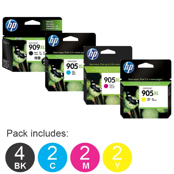 10 Pack – HP #909XL & 905XL C/M/Y (4BK,2C,2M,2Y) High Yield Ink Cartridges