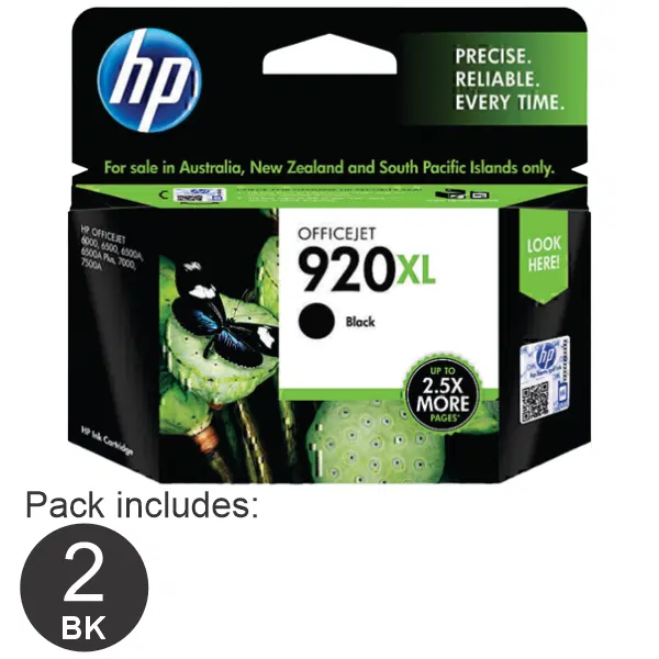 2 x HP #920XL High Yield Black Ink Cartridge CD975AA