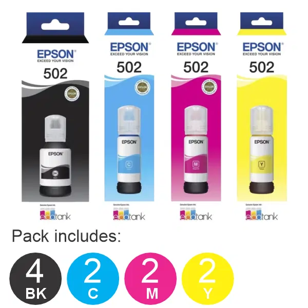 10 Pack – Epson T502 (4BK,2C,2M,2Y) Ink Bottles