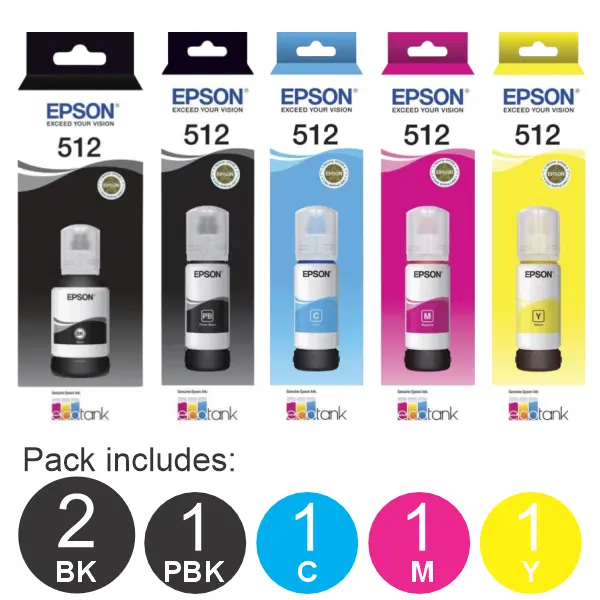 6 Pack – Epson T512 (2BK,1PBK,1C,1M,1Y) Ink Bottles