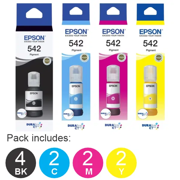 10 Pack – Epson T542 (4BK,2C,2M,2Y) Ink Bottles