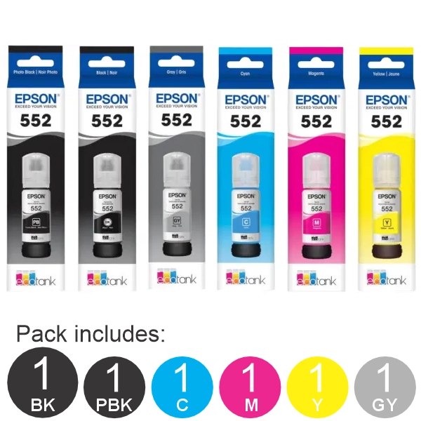 6 Pack - Epson T552 (1BK,1PBK,1C,1M,1Y,1G) Ink Bottles