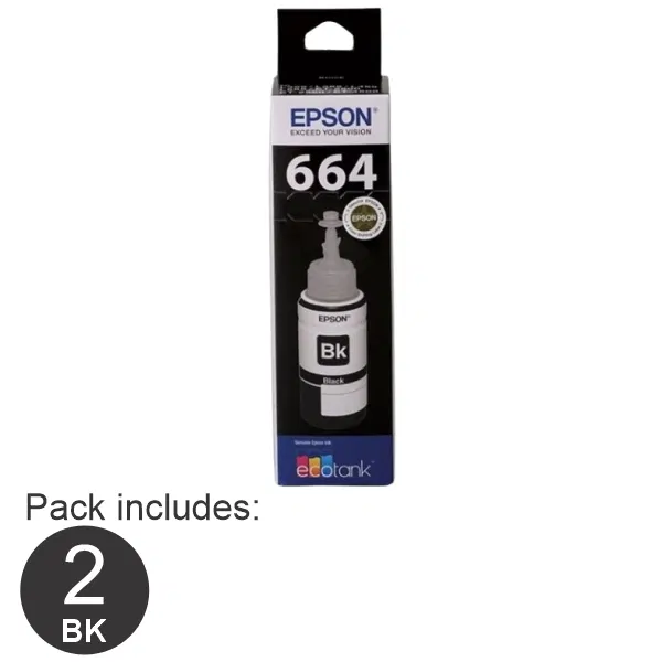 2 x Epson T664 Black EcoTank Ink Bottle C13T664192