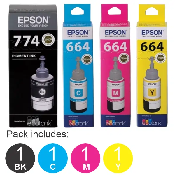 4 Pack – Epson T774 & T664 (1BK,1C,1M,1Y) Ink Bottles