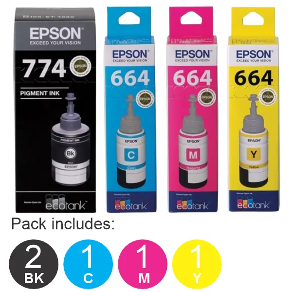 5 Pack – Epson T774 & T664 (2BK,1C,1M,1Y) Ink Bottles