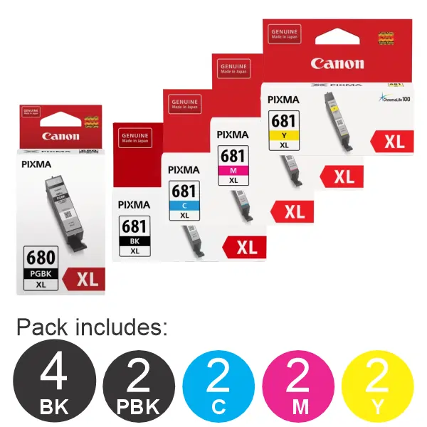 12 Pack – Canon PGI680XL & CLI681XL (4BK,2PBK,2C,2M,2Y) High Yield Ink Cartridges