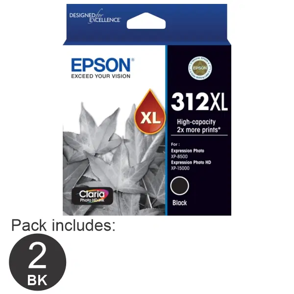 2 x Epson 312XL High Yield Black Ink Cartridge C13T183192