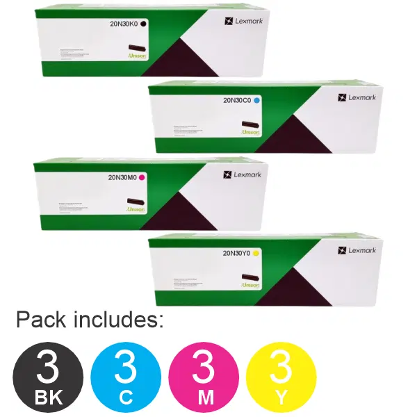 12 Pack Lexmark 20N30K0,20N30C0,20N30M0,20N30Y0 (3BK,3C,3M,3Y) Toner Cartridges (20N30K0-20N30Y0)