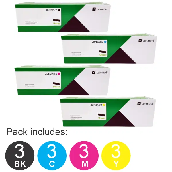 12 Pack Lexmark 20N3XK0,20N3XC0,20N3XM0,20N3XY0 (3BK,3C,3M,3Y) High Yield Toner Cartridges