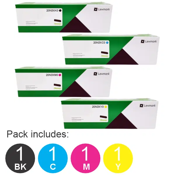 4 Pack Lexmark 20N3XK0,20N3XC0,20N3XM0,20N3XY0 (1BK,1C,1M,1Y) High Yield Toner Cartridges