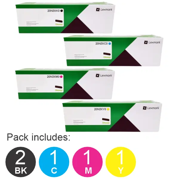 5 Pack Lexmark 20N3XK0,20N3XC0,20N3XM0,20N3XY0 (2BK,1C,1M,1Y) High Yield Toner Cartridges