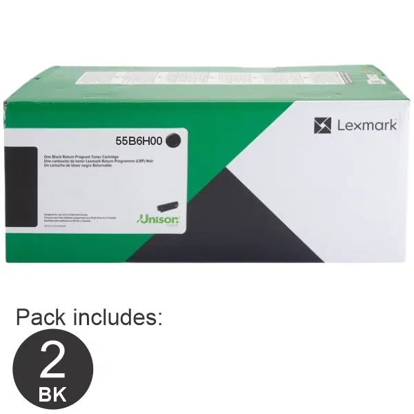 2 x Lexmark 55B6H00 High Yield Black Toner Cartridge 55B6H00