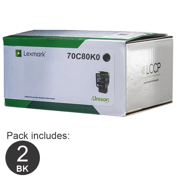 2 x Lexmark 708K (70C80K0) Black Toner Cartridge 70C80K0