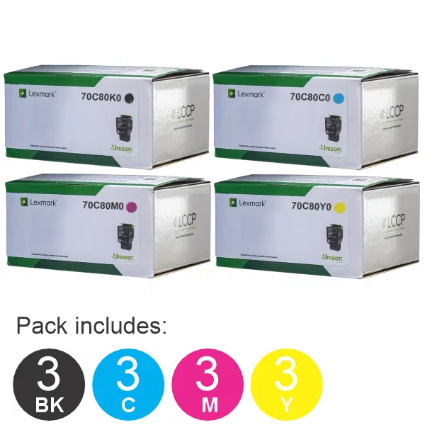 12 Pack Lexmark 70C80K0,70C80C0,70C80M0,70C80Y0 (3BK,3C,3M,3Y) Toner Cartridges