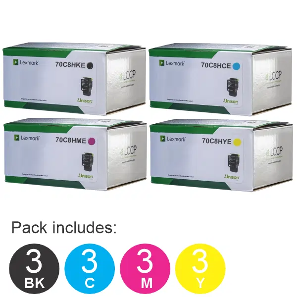 12 Pack Lexmark 70C8HKE,70C8HCE,70C8HME,70C8HYE (3BK,3C,3M,3Y) Toner Cartridges