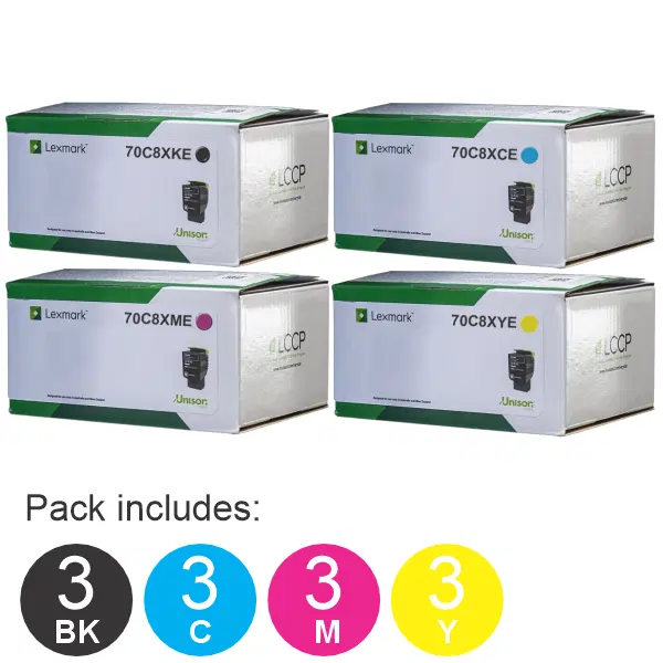 12 Pack Lexmark 70C8XKE,70C8XCE,70C8XME,70C8XYE (3BK,3C,3M,3Y) Toner Cartridges