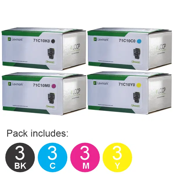 12 Pack Lexmark 71C10K0,71C10C0,71C10M0,71C10Y0 (3BK,3C,3M,3Y) Toner Cartridges