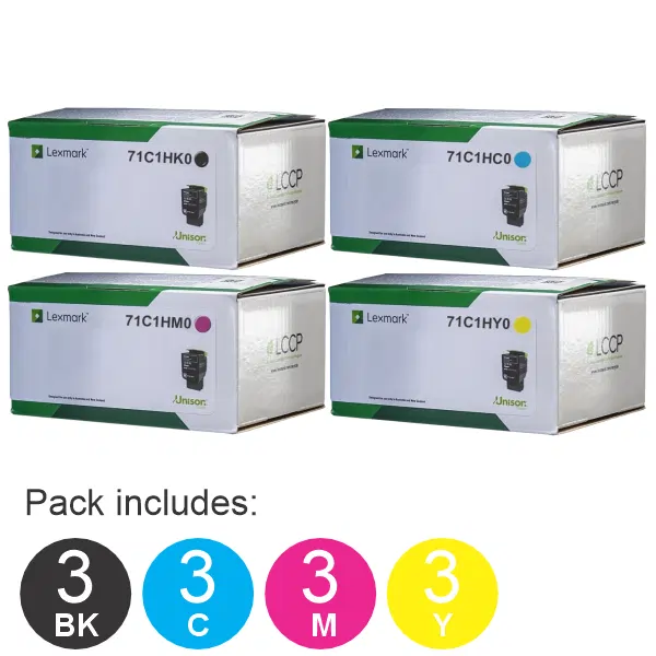 12 Pack Lexmark 71C1HK0,71C1HC0,71C1HM0,71C1HY0 (3BK,3C,3M,3Y) Toner Cartridges