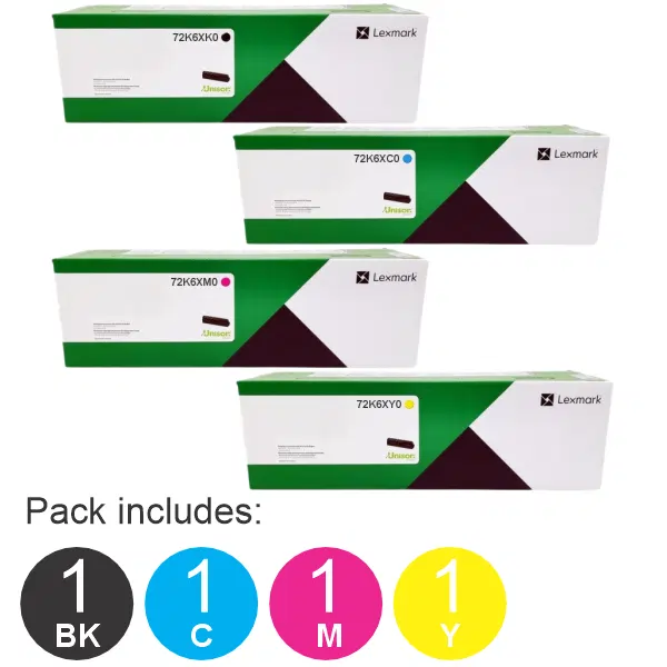 4 Pack Lexmark 72K6XK0,72K6XC0,72K6XM0,72K6XY0 (1BK,1C,1M,1Y) Toner Cartridges