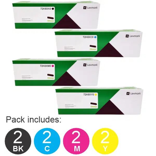 8 Pack Lexmark 72K6XK0,72K6XC0,72K6XM0,72K6XY0 (2BK,2C,2M,2Y) Toner Cartridges