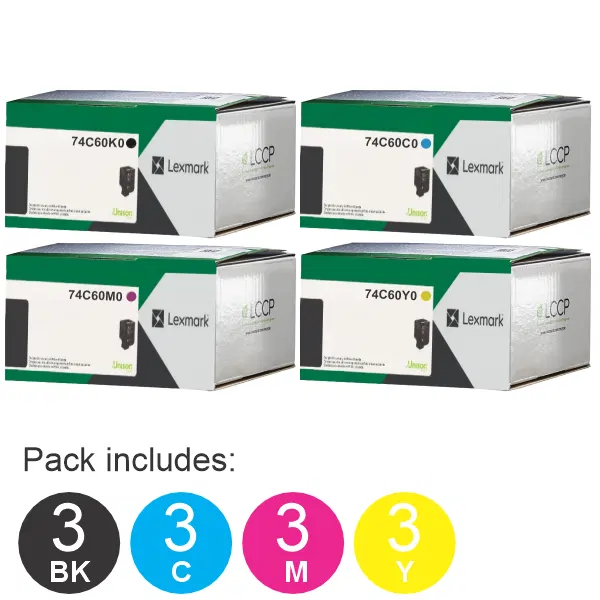 12 Pack Lexmark 74C60K0,74C60C0,74C60M0,74C60Y0 (3BK,3C,3M,3Y) Toner Cartridges