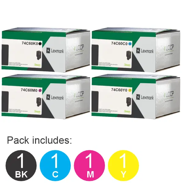 4 Pack Lexmark 74C60K0,74C60C0,74C60M0,74C60Y0 (1BK,1C,1M,1Y) Toner Cartridges