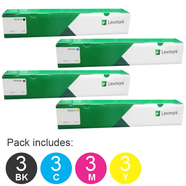 12 Pack Lexmark 76C00K0,76C00C0,76C00M0,76C00Y0 (3BK,3C,3M,3Y) Toner Cartridges