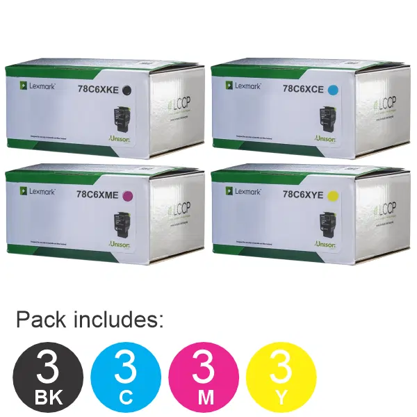 12 Pack Lexmark 78C6XKE,78C6XCE,78C6XME,78C6XYE (3BK,3C,3M,3Y) Toner Cartridges