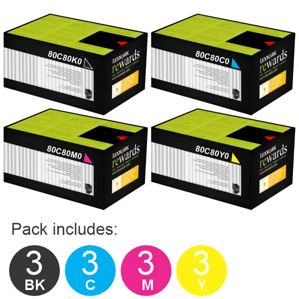 12 Pack Lexmark 80C80K0,80C80C0,80C80M0,80C80Y0 (3BK,3C,3M,3Y) Toner Cartridges