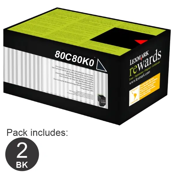 2 x Lexmark 80C8HKE High Yield Black Toner Cartridge 80C8HKE