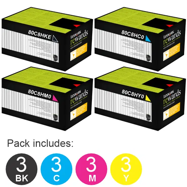 12 Pack Lexmark 80C8HKE,80C8HCE,80C8HME,80C8HYE (3BK,3C,3M,3Y) Toner Cartridges