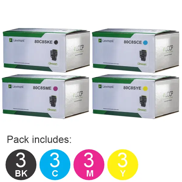 12 Pack Lexmark 80C8SKE,80C8SCE,80C8SME,80C8SYE (3BK,3C,3M,3Y) Toner Cartridges