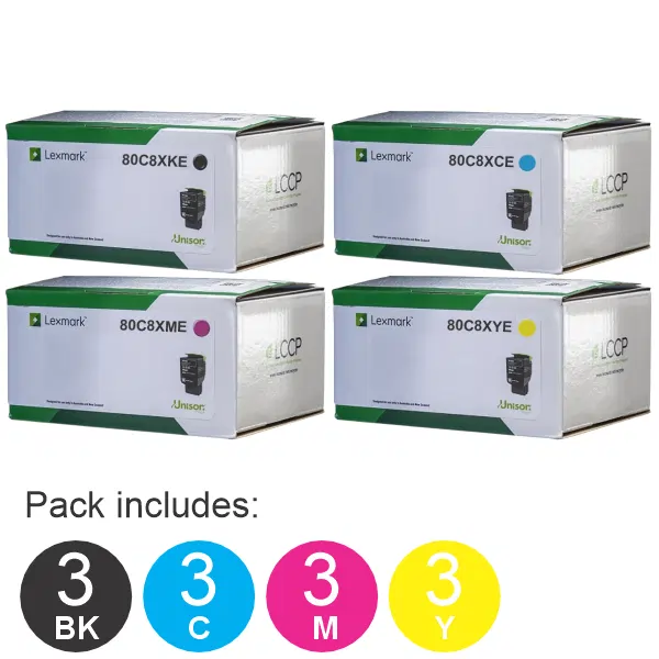 12 Pack Lexmark 80C8XKE,80C8XCE,80C8XME,80C8XYE (3BK,3C,3M,3Y) Toner Cartridges