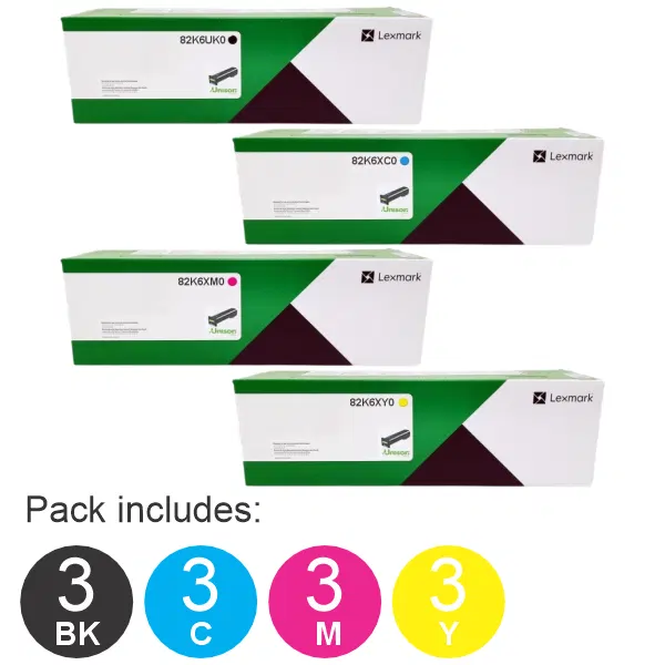 12 Pack Lexmark 82K6UK0 (1BK) & 82K6XC0,82K6XM0,82K6XY0 (3C,3M,3Y) Toner Cartridges