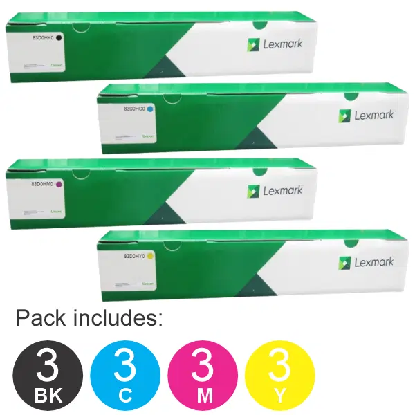 12 Pack Lexmark 83D0HK0,83D0HC0,83D0HM0,83D0HY0 (3BK,3C,3M,3Y) Toner Cartridges