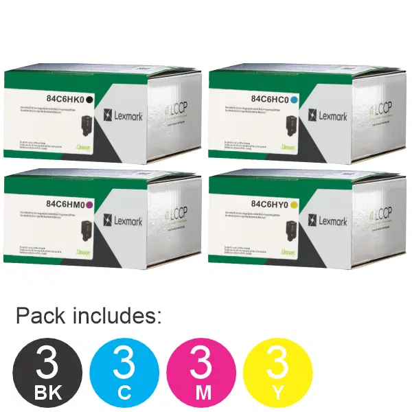 12 Pack Lexmark 84C6HK0,84C6HC0,84C6HM0,84C6HY0 (3BK,3C,3M,3Y) Toner Cartridges