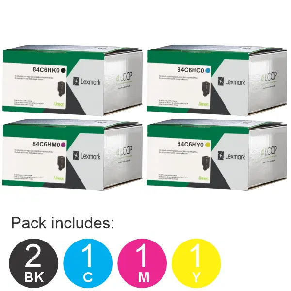 5 Pack Lexmark 84C6HK0,84C6HC0,84C6HM0,84C6HY0 (2BK,1C,1M,1Y) Toner Cartridges