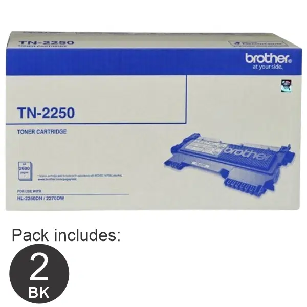 2 x Brother TN2250 Black Toner Cartridge TN-2250