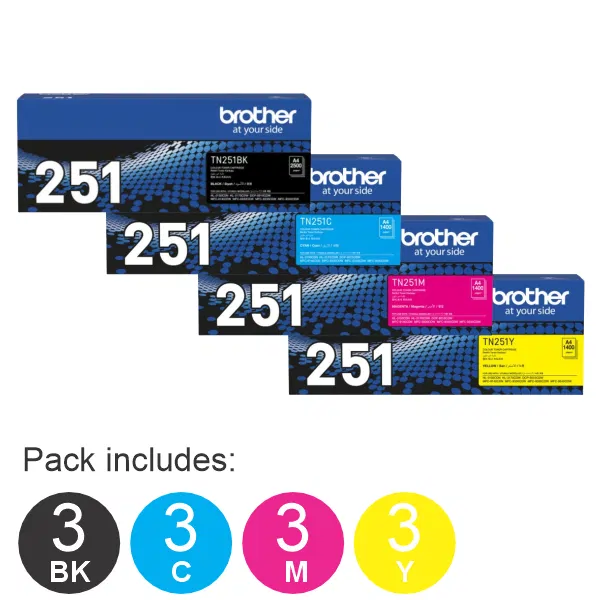 12 Pack Brother TN251 (1BK,1C,1M,1Y) Toner Cartridges